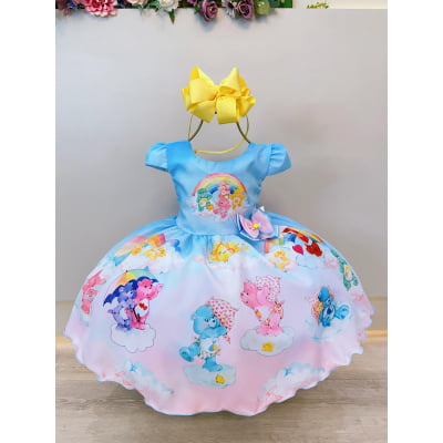 Vestido Infantil Azul Ursinhos Carinhosos Festas Aniversários