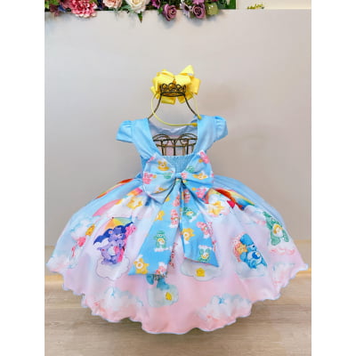 Vestido Infantil Azul Ursinhos Carinhosos Festas Aniversários