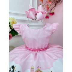 Vestido Infantil Baby Fazendinha Rosa C/ Cinto de Pérolas