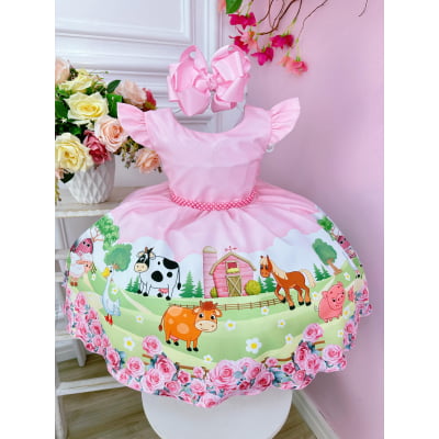 Vestido Infantil Baby Fazendinha Rosa C/ Pérolas Festas