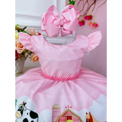 Vestido Infantil Baby Fazendinha Rosa C/ Pérolas Festas