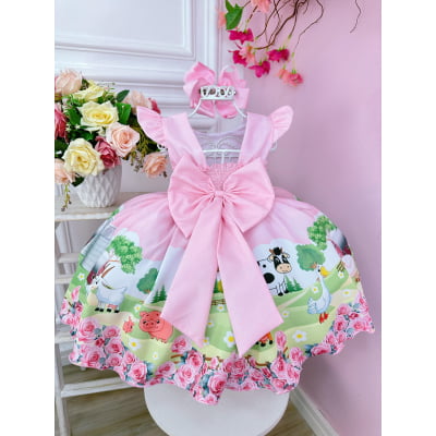 Vestido Infantil Baby Fazendinha Rosa C/ Pérolas Festas
