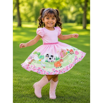 Vestido Infantil Baby Fazendinha Rosa C/ Pérolas Festas