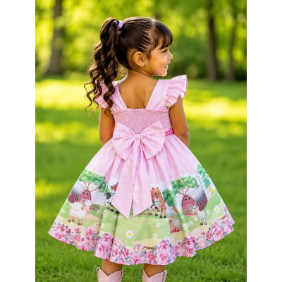 Vestido Infantil Baby Fazendinha Rosa C/ Pérolas Festas