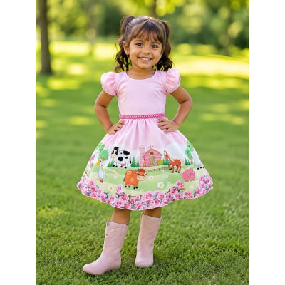 Vestido Infantil Baby Fazendinha Rosa C/ Pérolas Festas