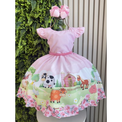 Vestido Infantil Baby Fazendinha Rosa C/ Pérolas Festas