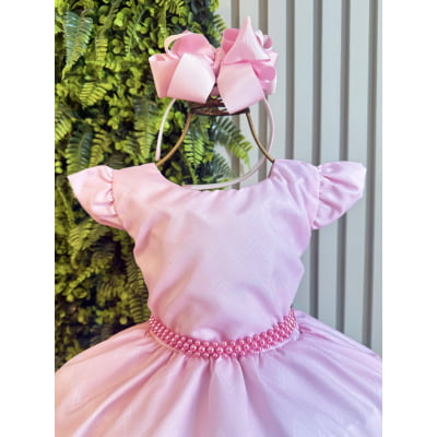 Vestido Infantil Baby Fazendinha Rosa C/ Pérolas Festas
