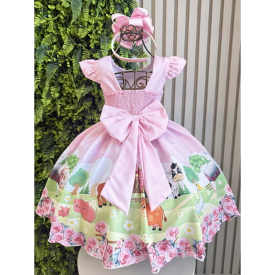 Vestido Infantil Baby Fazendinha Rosa C/ Pérolas Festas