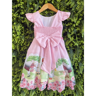 Vestido Infantil Baby Fazendinha Rosa C/ Pérolas Festas