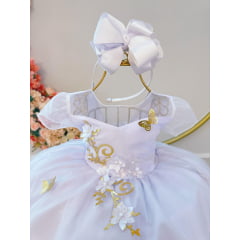 Vestido Infantil Branco Aplique Borboletas Douradas Flores