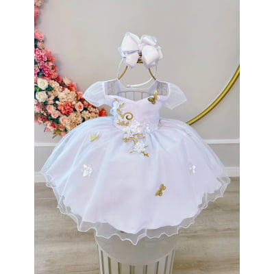 Vestido Infantil Branco Aplique Borboletas Douradas Flores