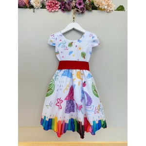 Vestido Infantil Branco Aquarela Colorido Festas