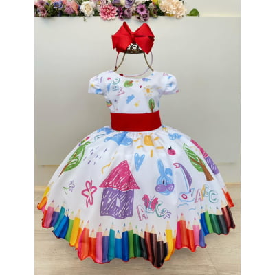 Vestido Infantil Branco Aquarela Colorido Festas