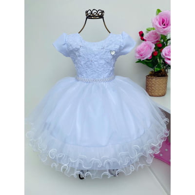 Vestido Infantil Branco Batizado Renda Apliques Cinto Pérola