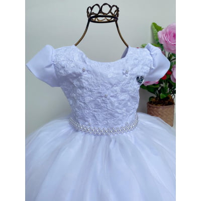 Vestido Infantil Branco Batizado Renda Apliques Cinto Pérola