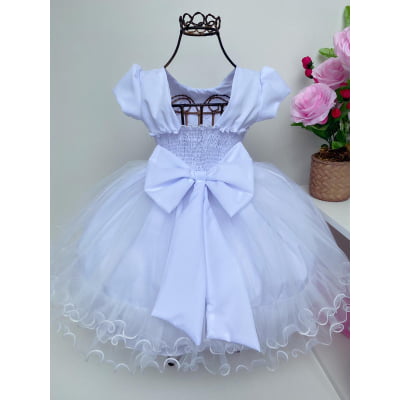 Vestido Infantil Branco Batizado Renda Apliques Cinto Pérola