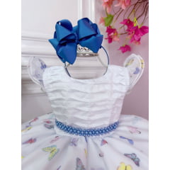 Vestido Infantil Branco Borboletas Coloridas Peito Plissado