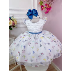 Vestido Infantil Branco Borboletas Coloridas Peito Plissado