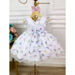 Vestido Infantil Branco Borboletas Coloridas Peito Plissado