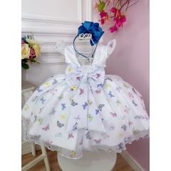 Vestido Infantil Branco Borboletas Coloridas Peito Plissado