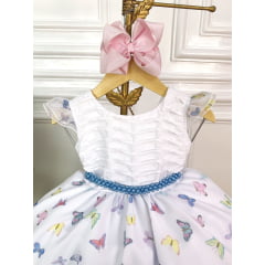 Vestido Infantil Branco Borboletas Coloridas Peito Plissado