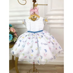 Vestido Infantil Branco Borboletas Coloridas Peito Plissado