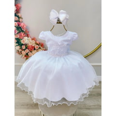 Vestido Infantil Branco Busto Bordado e Aplique Flores Festa