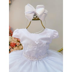 Vestido Infantil Branco Busto Bordado e Aplique Flores Festa