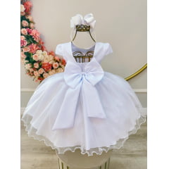 Vestido Infantil Branco Busto Bordado e Aplique Flores Festa