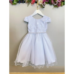 Vestido Infantil Branco Busto Bordado e Aplique Flores Festa