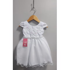 Vestido Infantil Branco Busto Bordado Flores e Pérolas Daminha