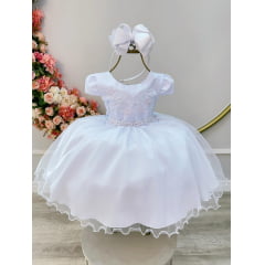 Vestido Infantil Branco Busto Bordado Flores e Pérolas Daminha