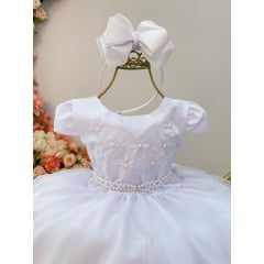 Vestido Infantil Branco Busto Bordado Flores e Pérolas Daminha