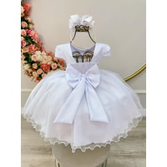 Vestido Infantil Branco Busto Bordado Flores e Pérolas Daminha