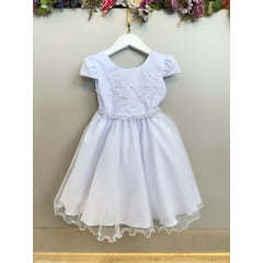 Vestido Infantil Branco Busto Bordado Flores e Pérolas Daminha