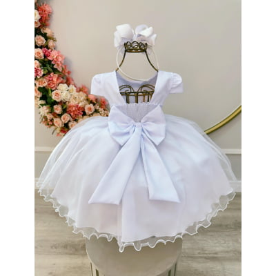 Vestido Infantil Branco Busto Bordado Flores e Pérolas Daminha
