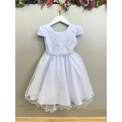 Vestido Infantil Branco Busto Bordado Flores e Pérolas Daminha