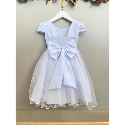 Vestido Infantil Branco Busto Bordado Flores e Pérolas Daminha