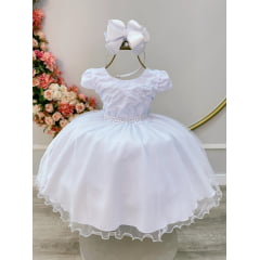 Vestido Infantil Branco Busto C/ Bordado Flores Daminha Festa