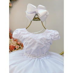 Vestido Infantil Branco Busto C/ Bordado Flores Daminha Festa