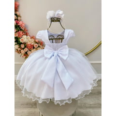 Vestido Infantil Branco Busto C/ Bordado Flores Daminha Festa