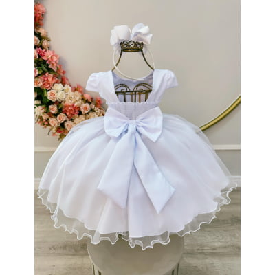 Vestido Infantil Branco Busto C/ Bordado Flores Daminha Festa