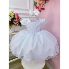 Vestido Infantil Branco Busto C/ Strass e Saia com Glitter