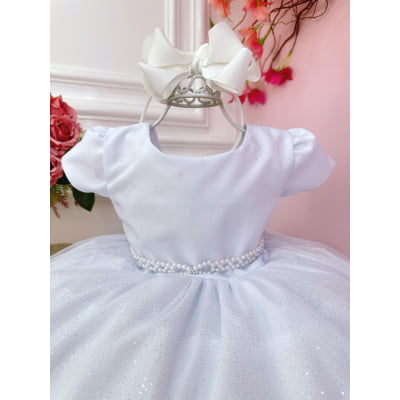 Vestido Infantil Branco Busto C/ Strass e Saia com Glitter