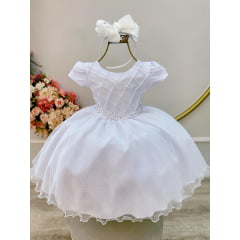 Vestido Infantil Branco Busto Nervura Festas Daminhas