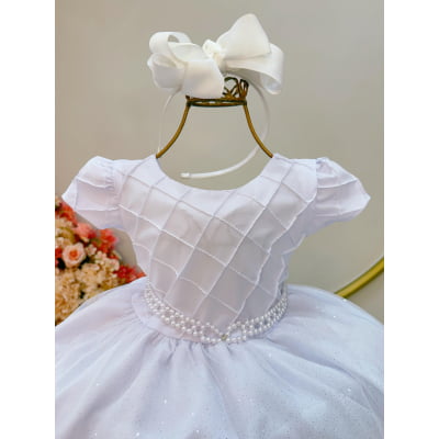 Vestido Infantil Branco Busto Nervura Festas Daminhas