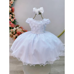 Vestido Infantil Branco C/ Renda Apliques Daminha Festas