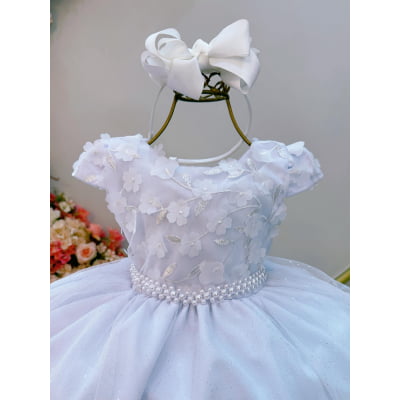 Vestido Infantil Branco C/ Renda Apliques Daminha Festas