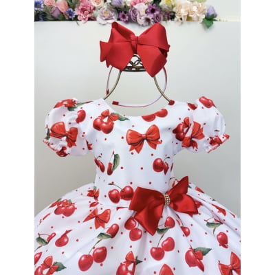 Vestido Infantil Branco Estampa Cereja Broche Daminhas Festas