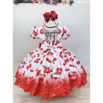 Vestido Infantil Branco Estampa Cereja Broche Daminhas Festas
